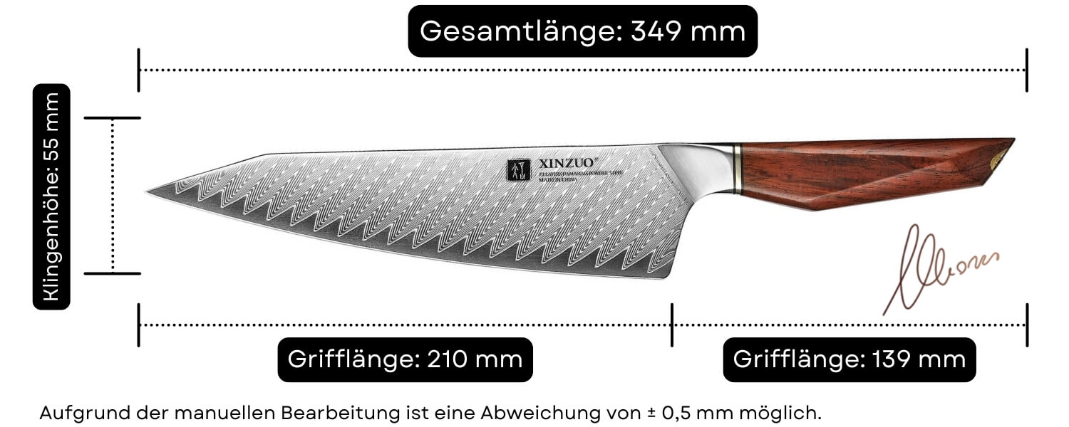 Abmessungen des Kochmessers Bunka XinZuo Xing X03