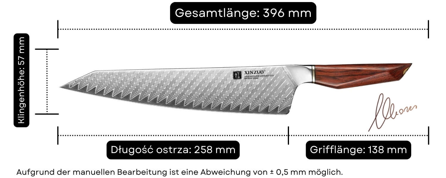 Abmessungen des Kochmessers Bunka XinZuo Xing X03
