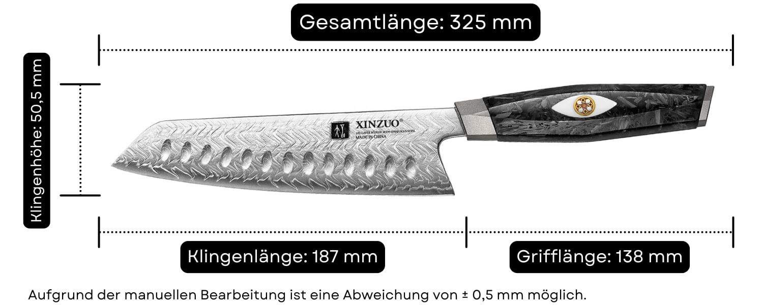 Abmessungen des Santoku-Messers XinZuo Li X04