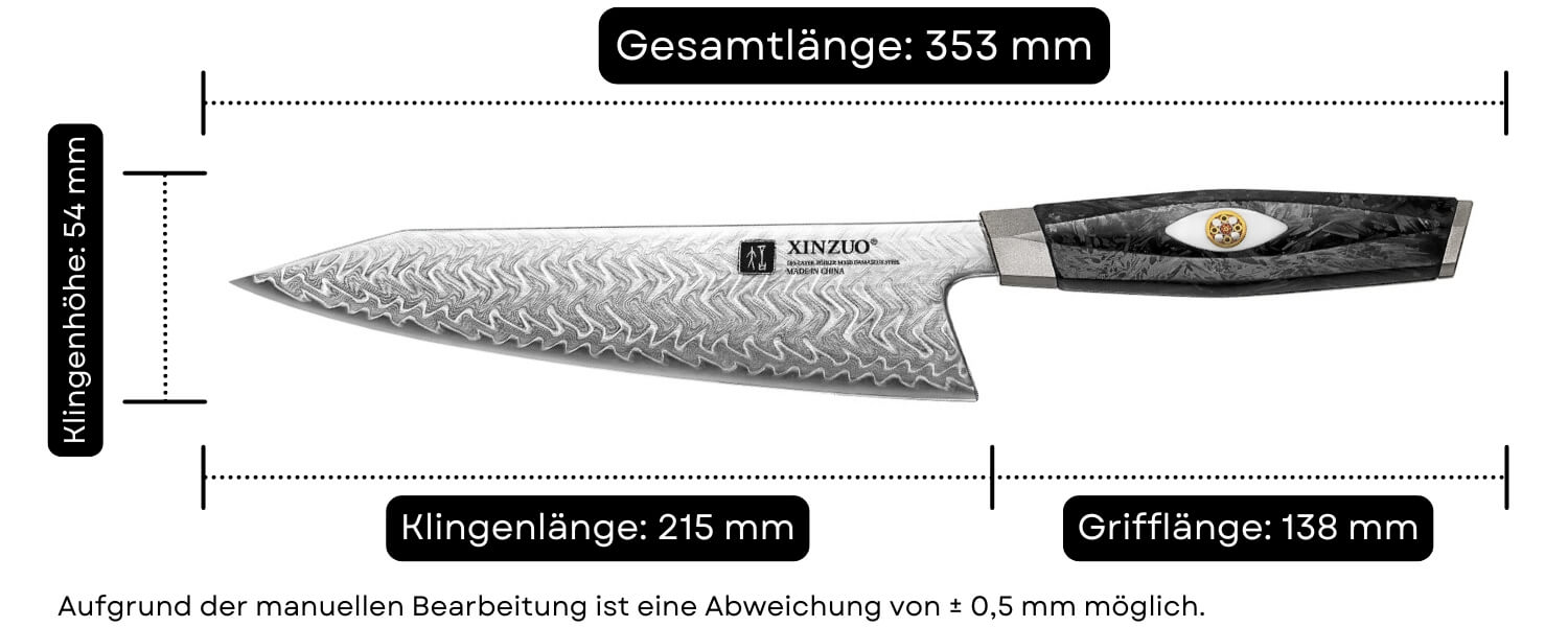 Abmessungen des Kochmessers XinZuo Li X04