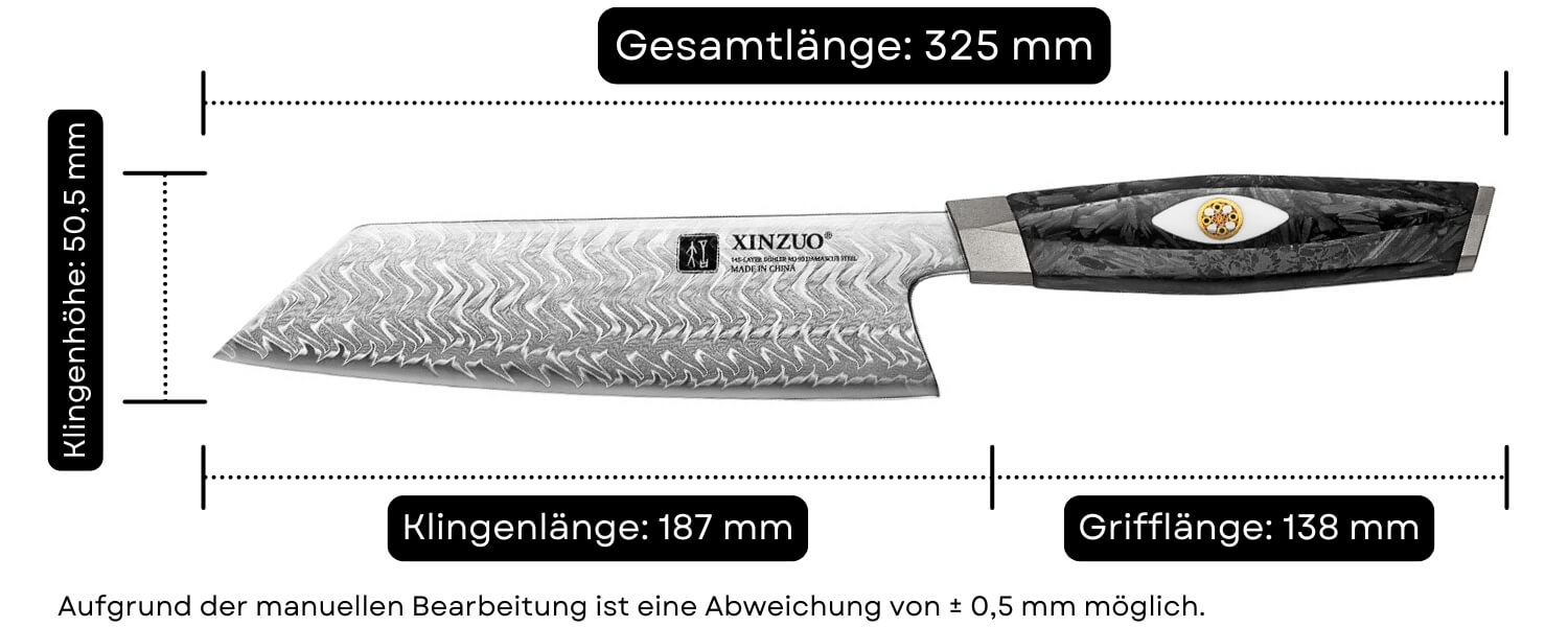 Abmessungen des Kochmessers Bunka XinZuo Li X04