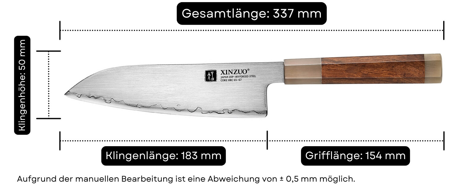 Abmessungen des Santoku-Messers XinZuo Zhen X05Z