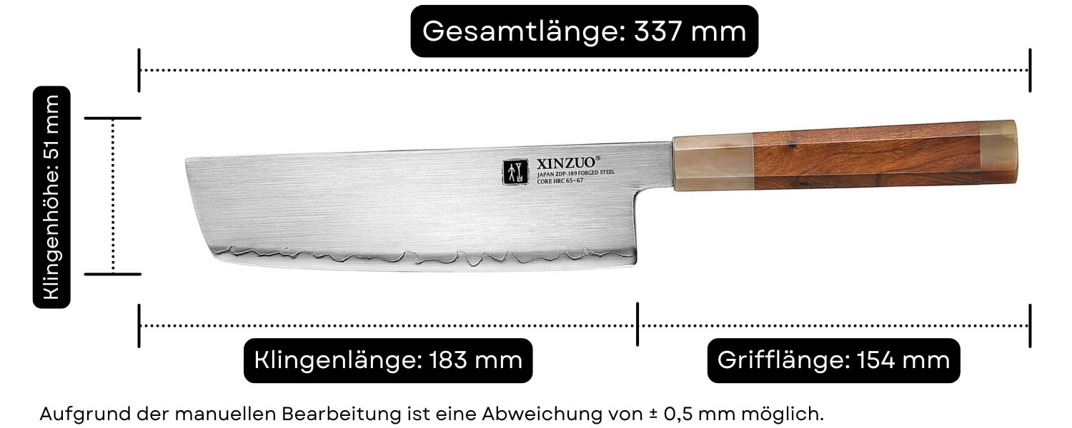 Abmessungen des Nakiri-Messers XinZuo Zhen X05Z