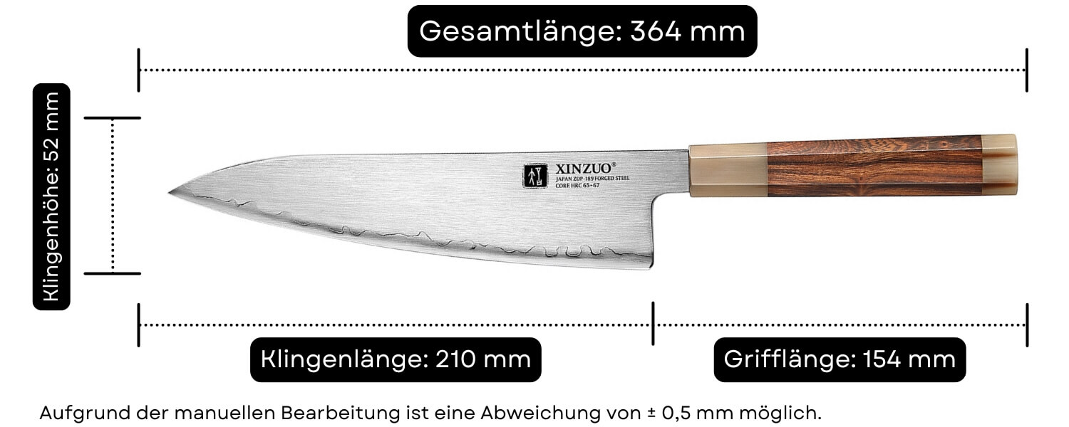 Abmessungen des Kochmessers XinZuo Zhen X05Z
