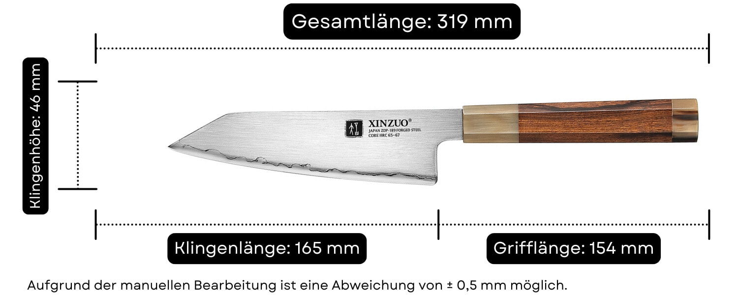 Abmessungen des Kochmessers Bunka XinZuo Zhen X05Z