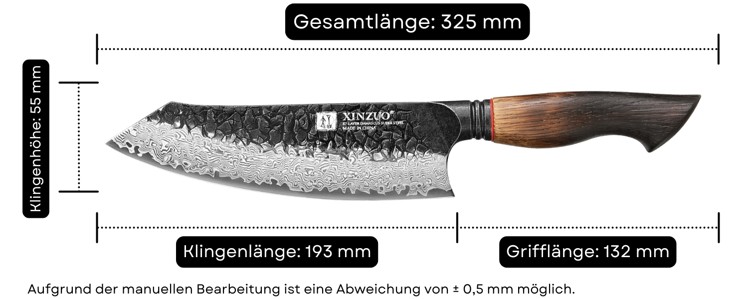 Abmessungen des Santoku-Messers XinZuo Mo X06