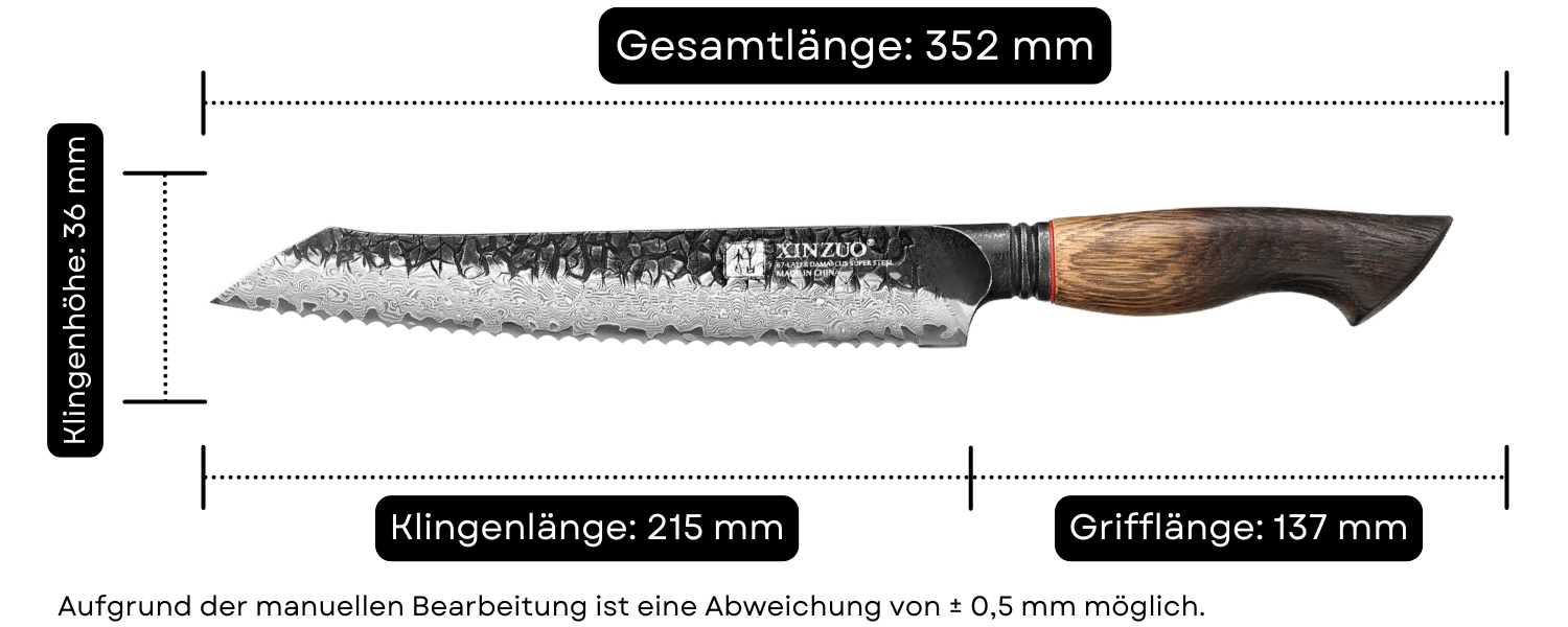 Abmessungen des Brotmessers XinZuo Mo X06