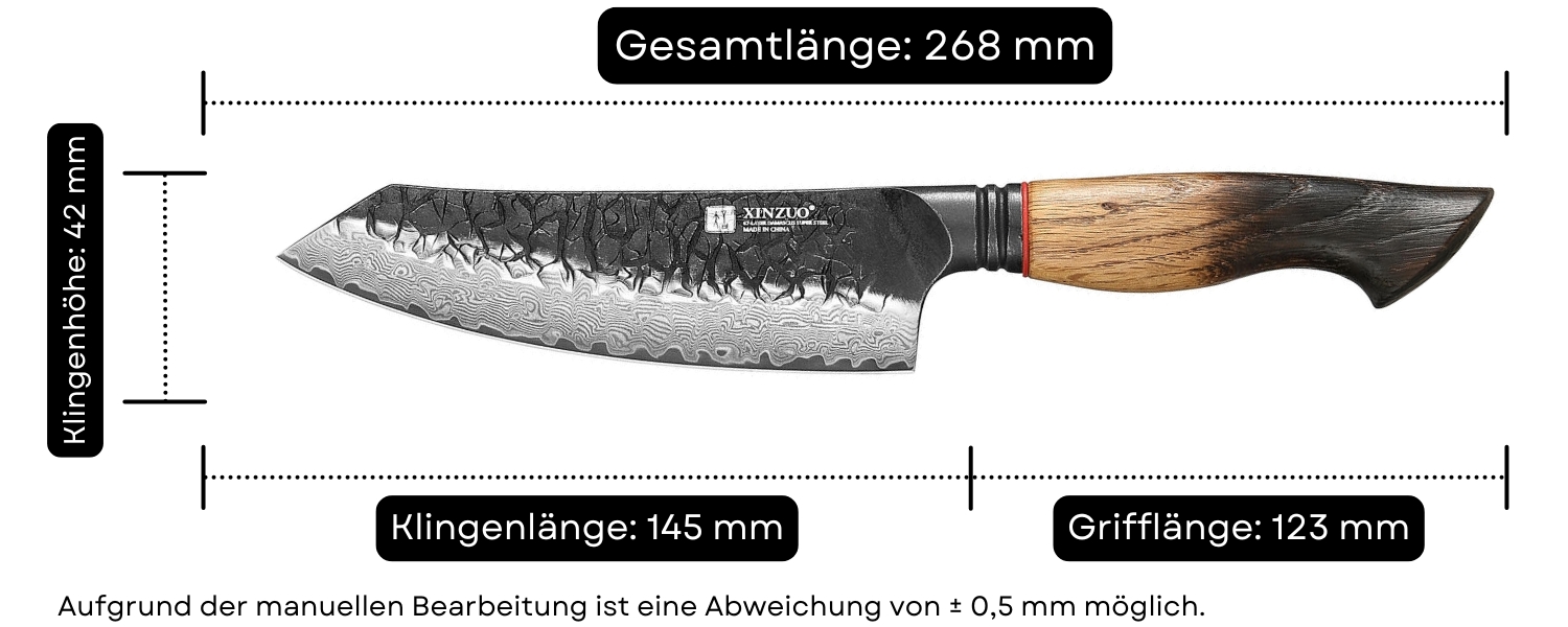 Abmessungen des Santoku-Messers XinZuo Mo X06