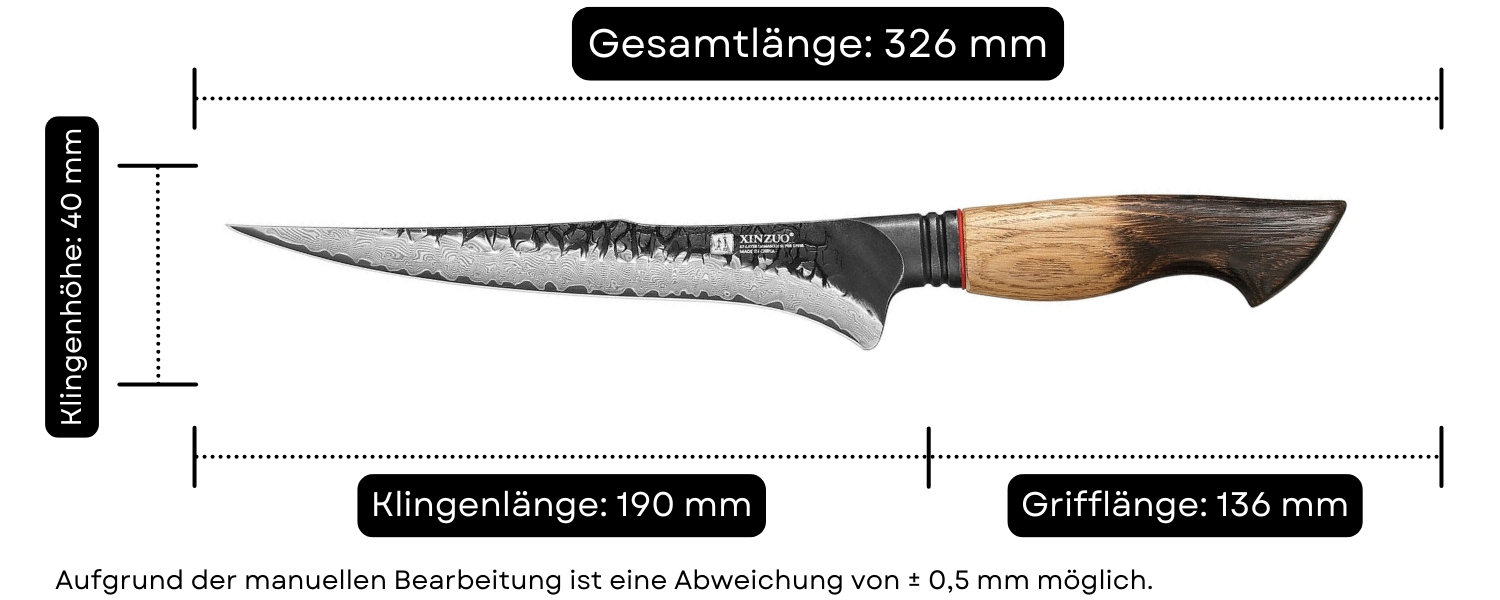 Abmessungen des Filetiermessers XinZuo Mo X06