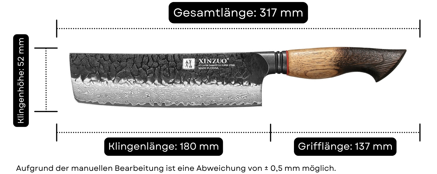 Abmessungen des Nakiri-Messers XinZuo Mo X06
