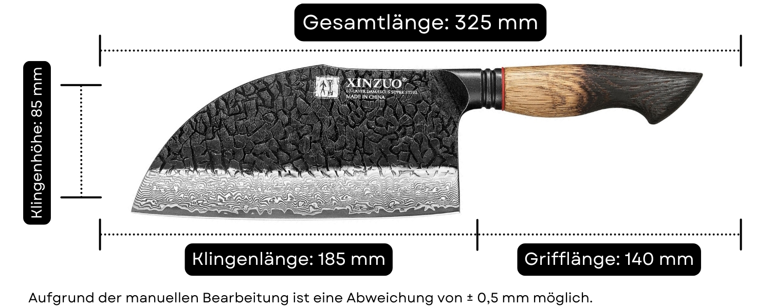 Abmessungen des Hackmessers XinZuo Mo X06