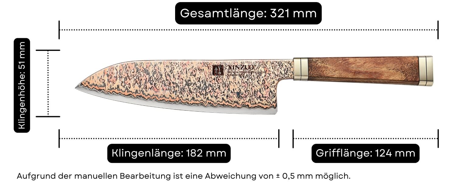Abmessungen des Santoku-Messers XinZuo Ji X08C