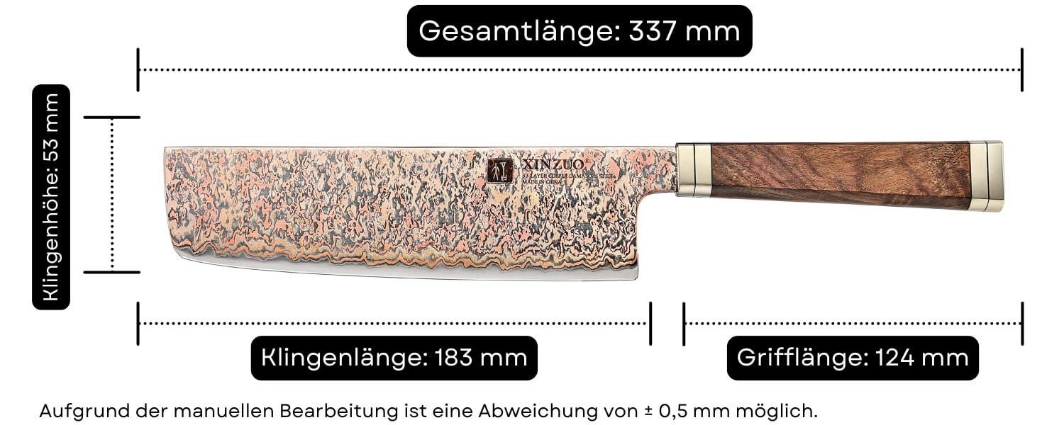 Abmessungen des Nakiri-Messers XinZuo Ji X08C
