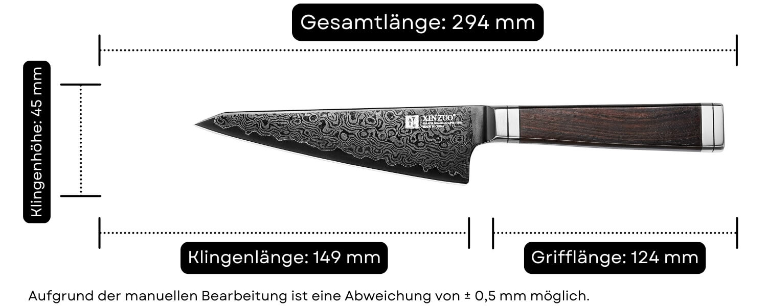 Abmessungen des Honesuki Messers XinZuo Ji X08E