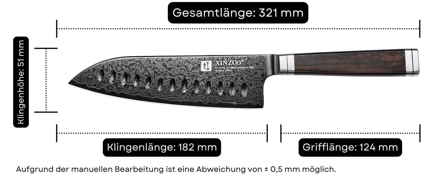 Abmessungen des Santoku Messers XinZuo Ji X08E
