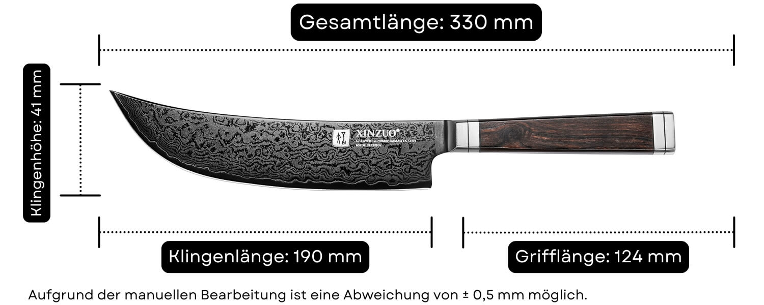 Abmessungen des Fleischmessers Viking XinZuo Ji X08E