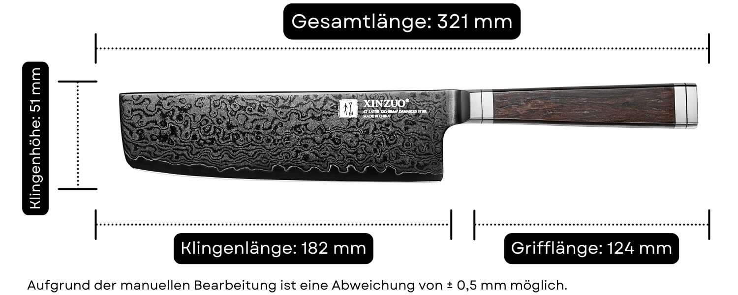 Abmessungen des Nakiri messers XinZuo Ji X08E