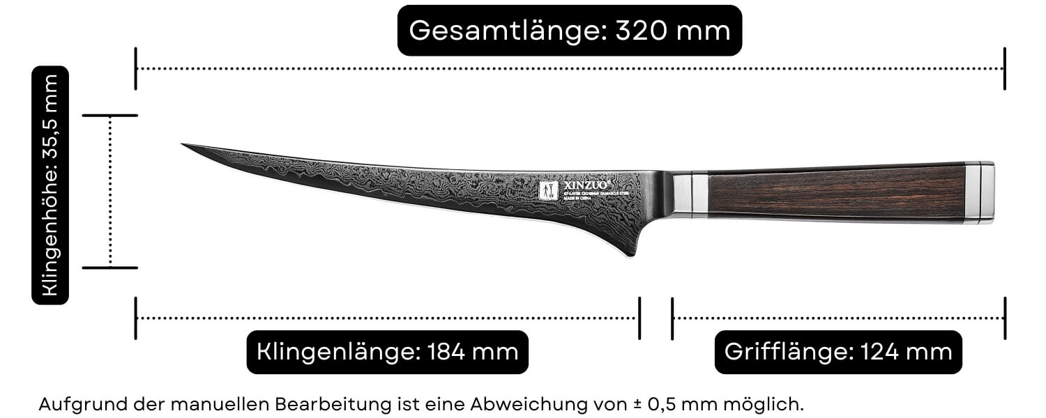 Abmessungen des Filetiermessers XinZuo Ji X08E