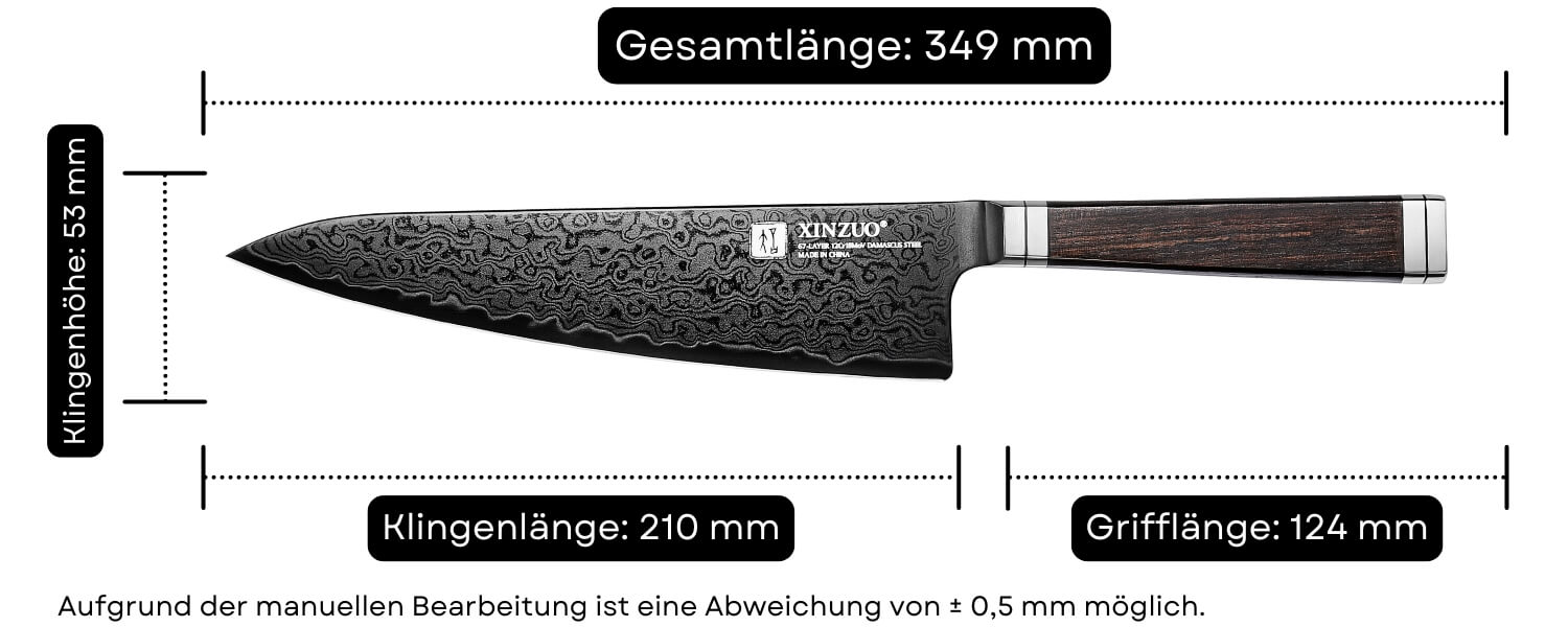 Abmessungen des Kochmessers XinZuo Ji X08E