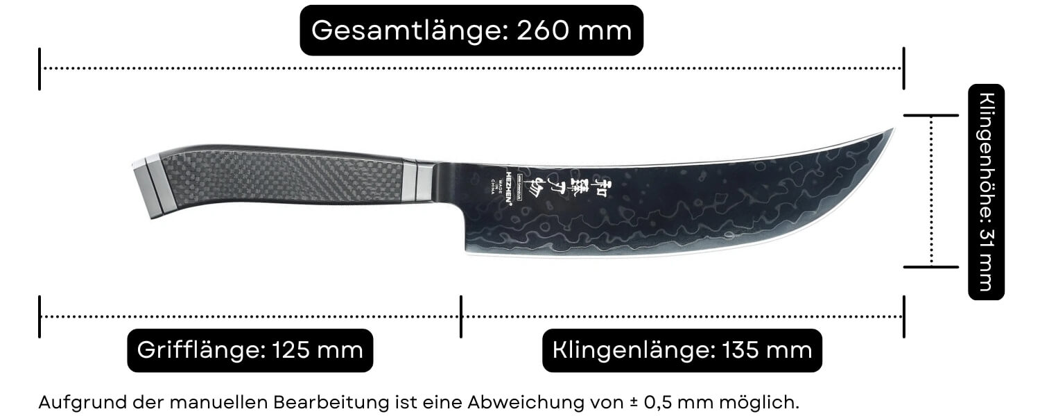 Abmessungen des Fleischmessers Viking HezHen X10