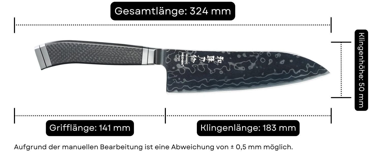 Abmessungen des Santoku-Messers HezHen X10