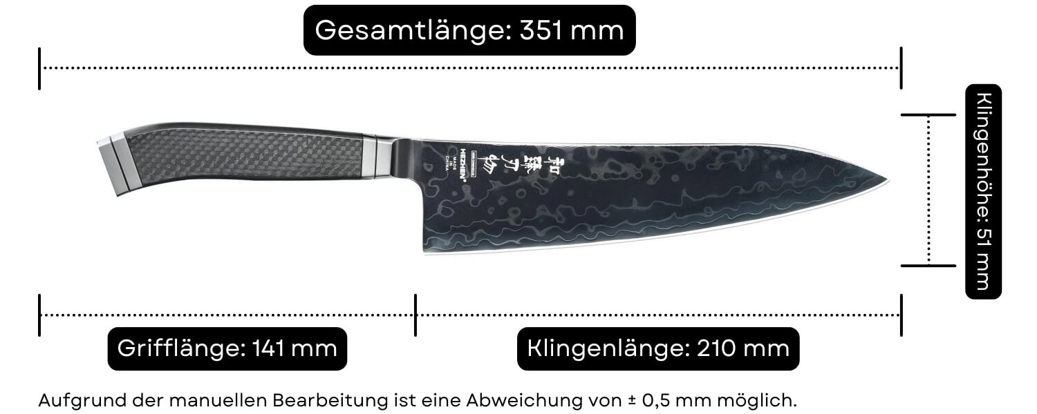 Abmessungen des Kochmessers HezHen X10