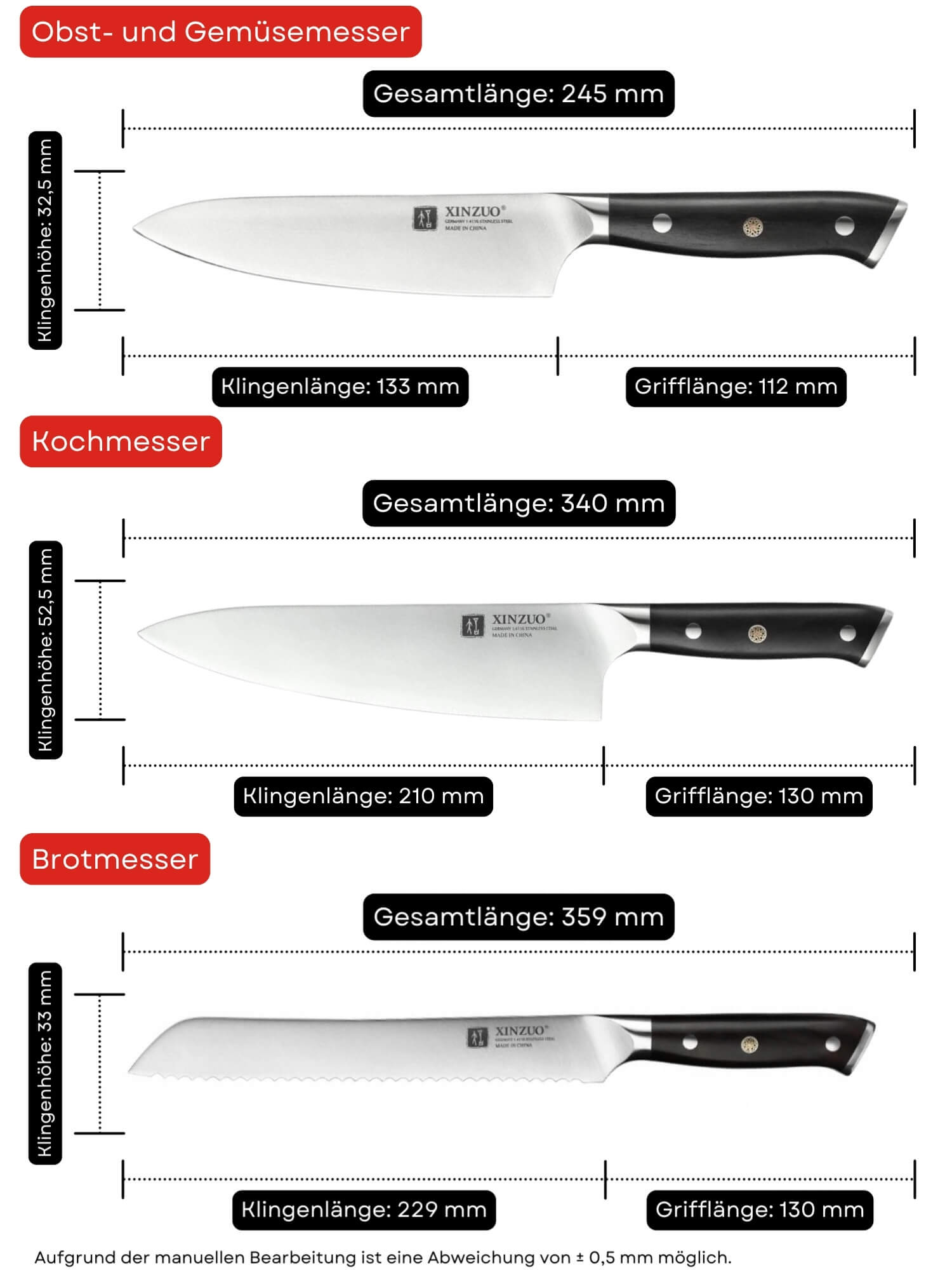 Messerset XinZuo Yi B13S - Abmessungen