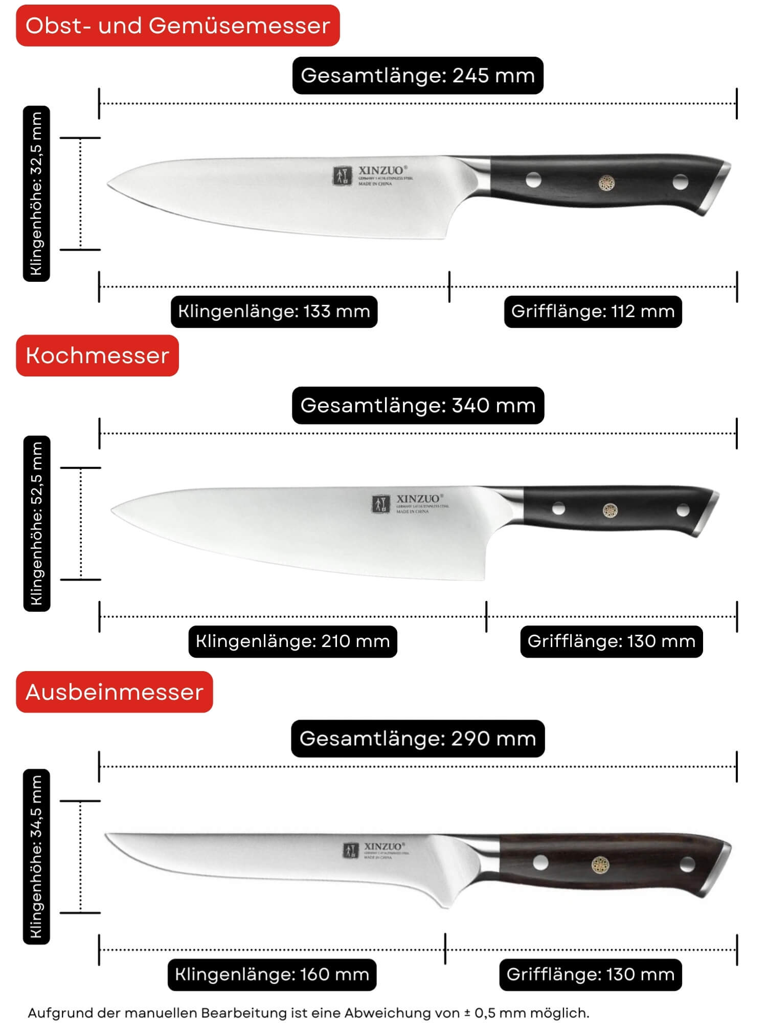 Messerset XinZuo Yi B13S - Abmessungen