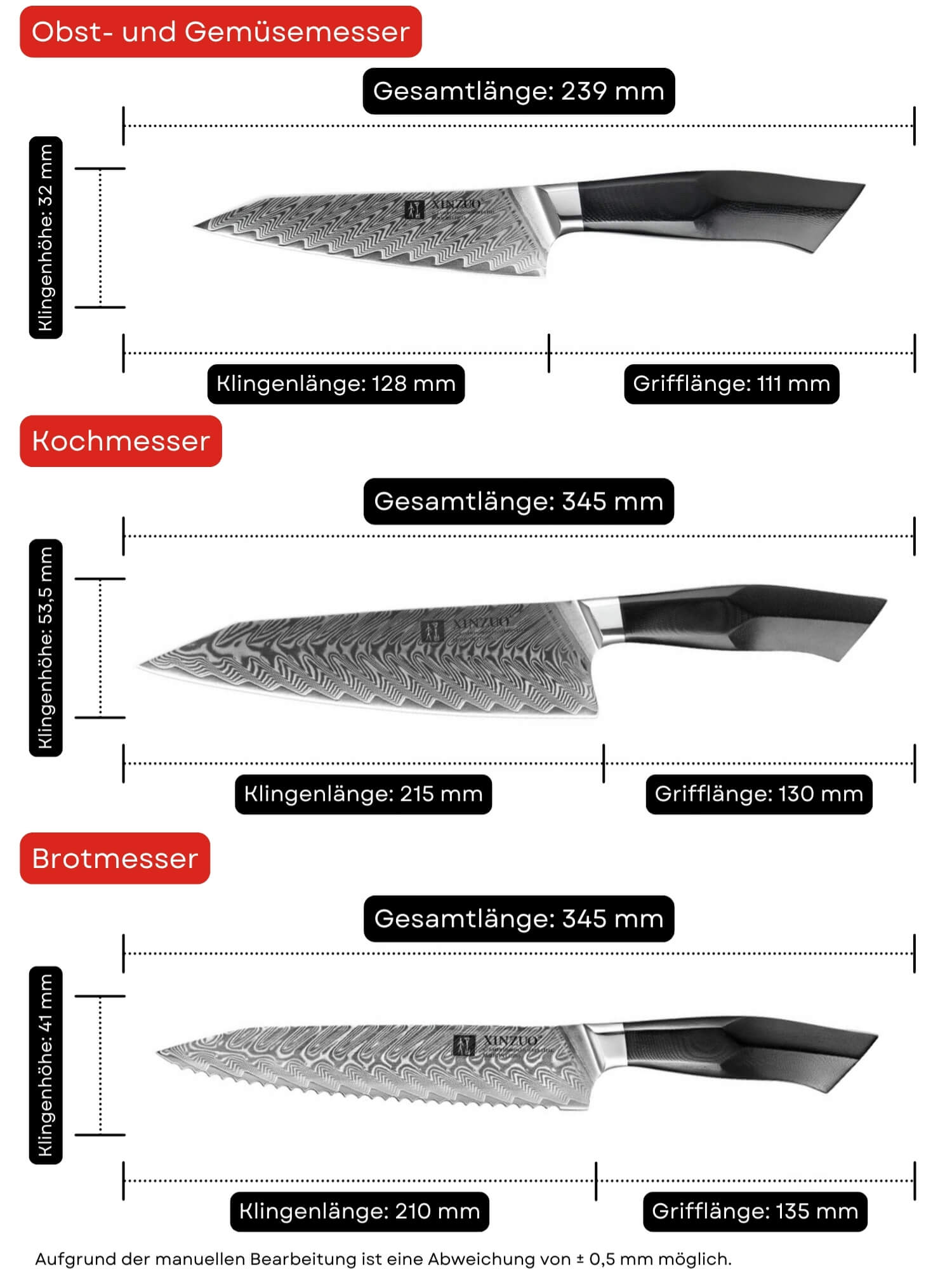 Messerset XinZuo Feng B32 - Abmessungen