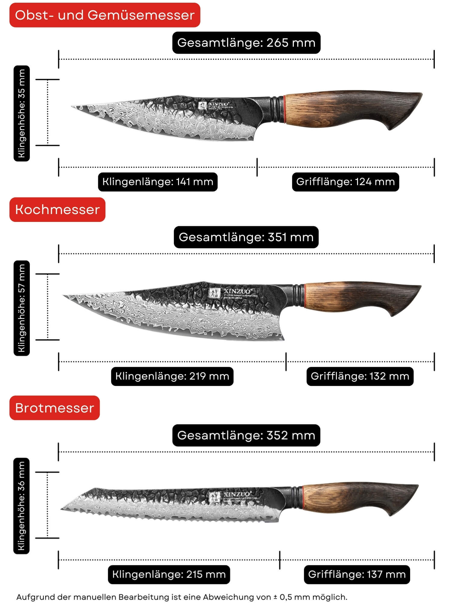 Dreiteiliges Messerset XinZuo Mo X06 - Abmessungen