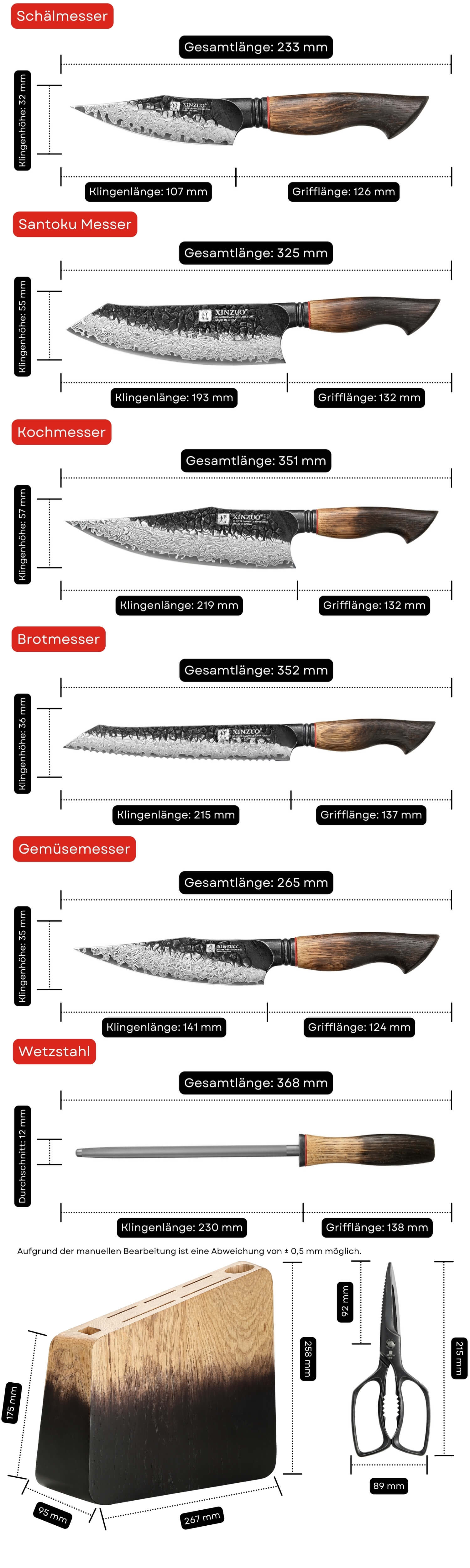 Messerset XinZuo Mo X06 - Abmessungen