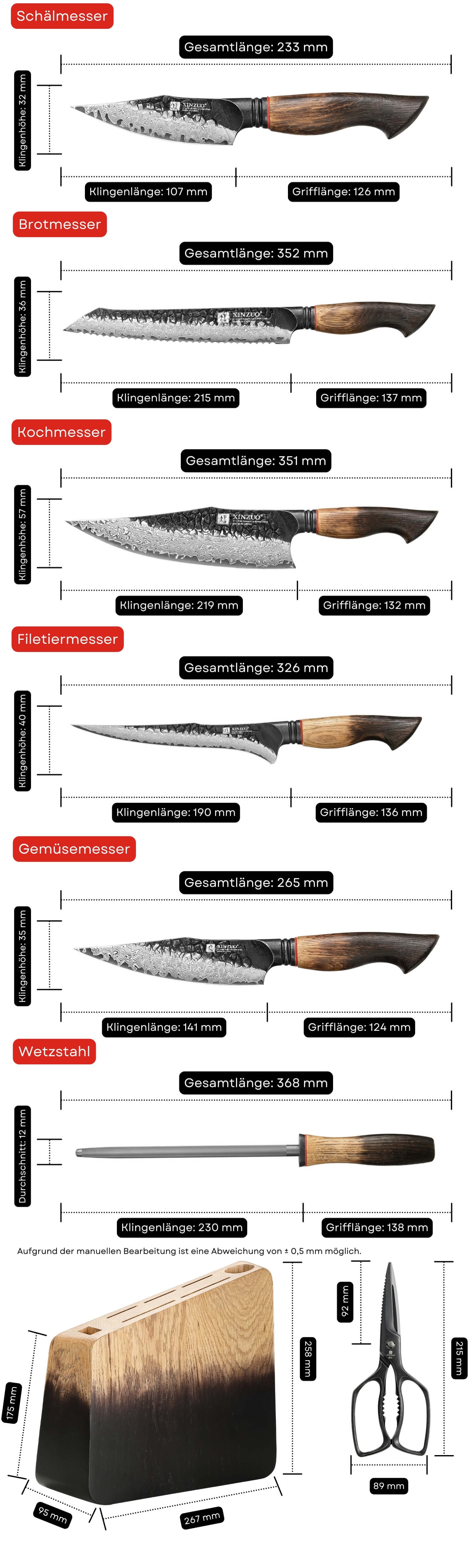 Messerset XinZuo Mo X06 - Abmessungen