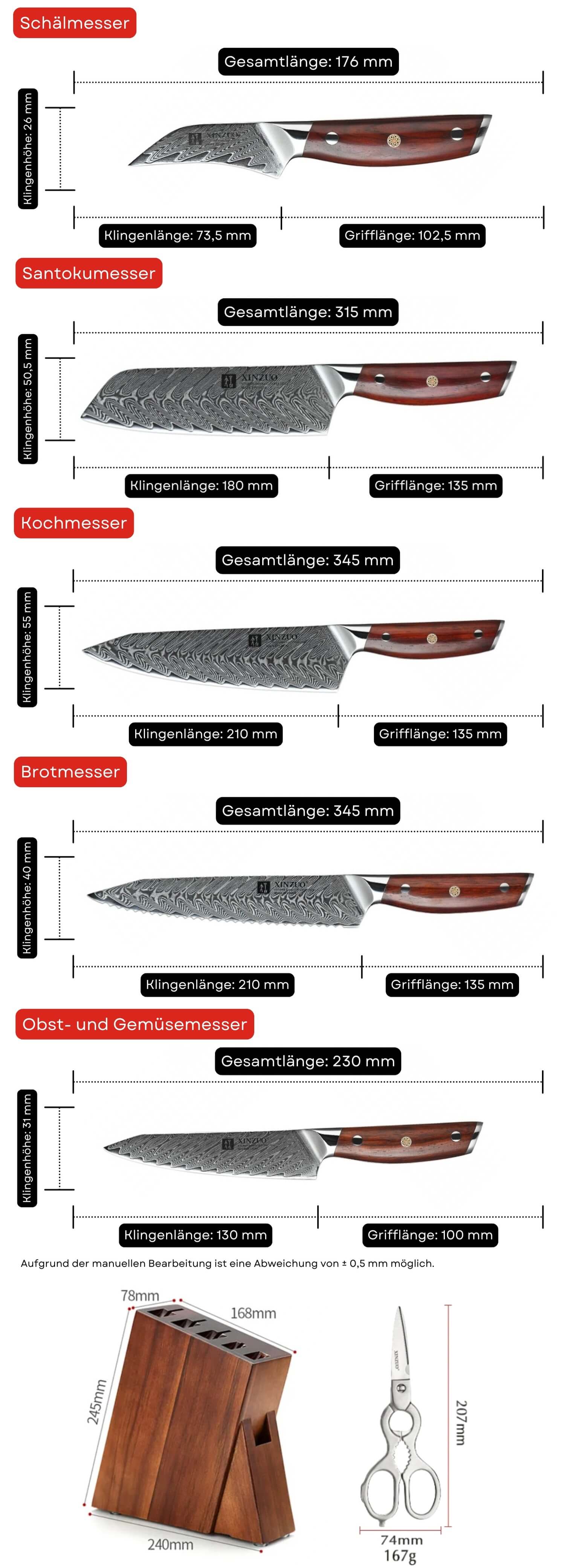 Messerset XinZuo Yi B27 - Abmessungen