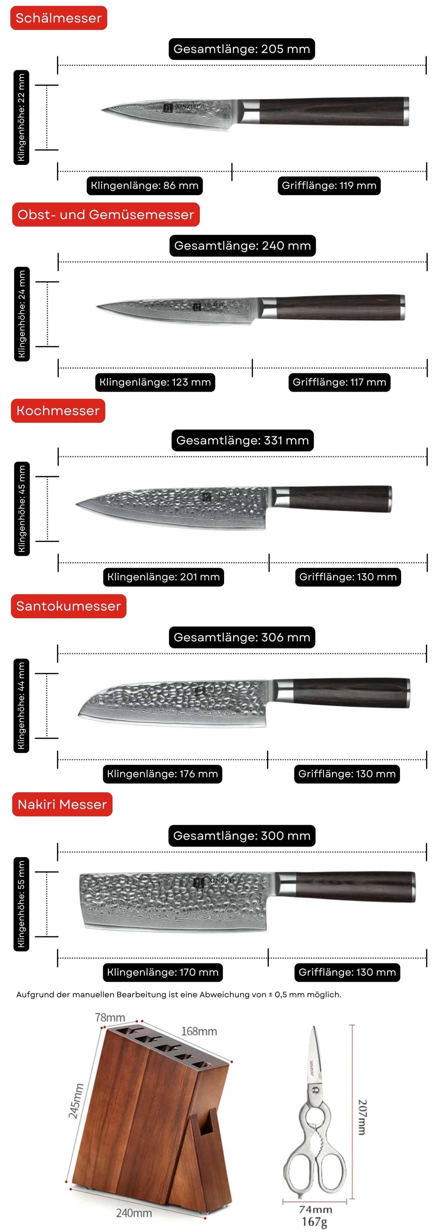 Messerset XinZuo He B1H - Abmessungen
