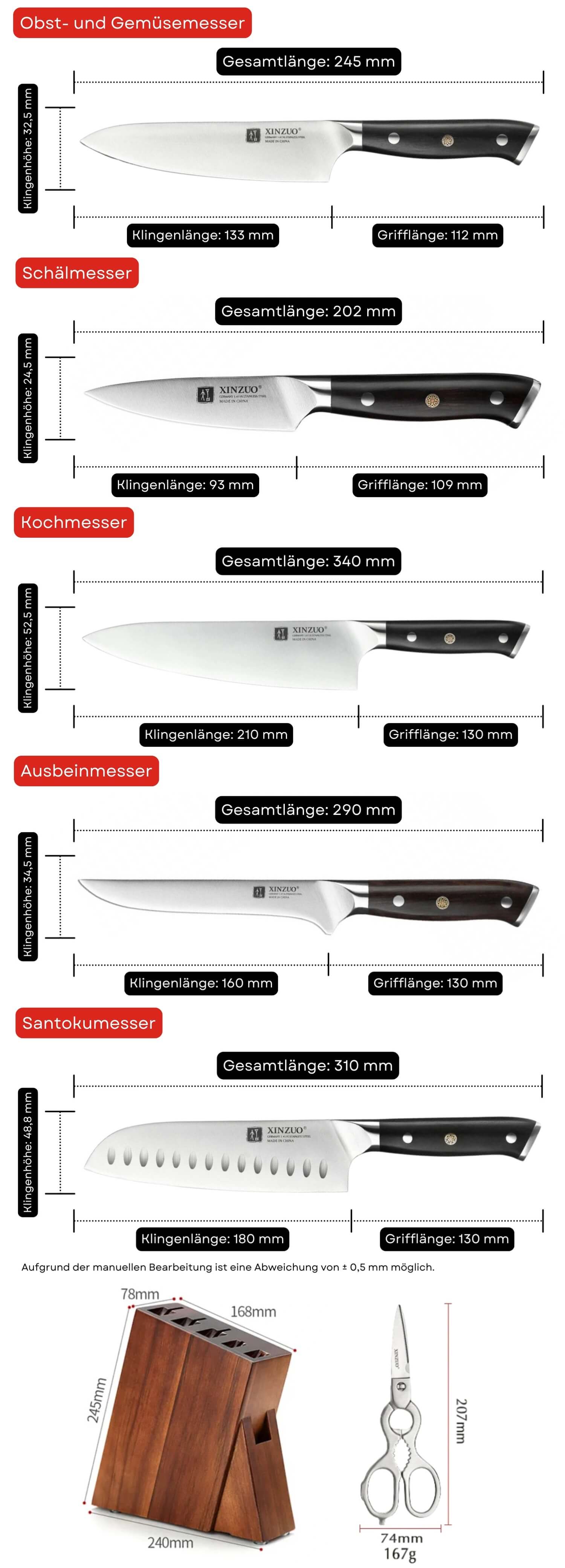 Messerset XinZuo B13S  - Abmessungen