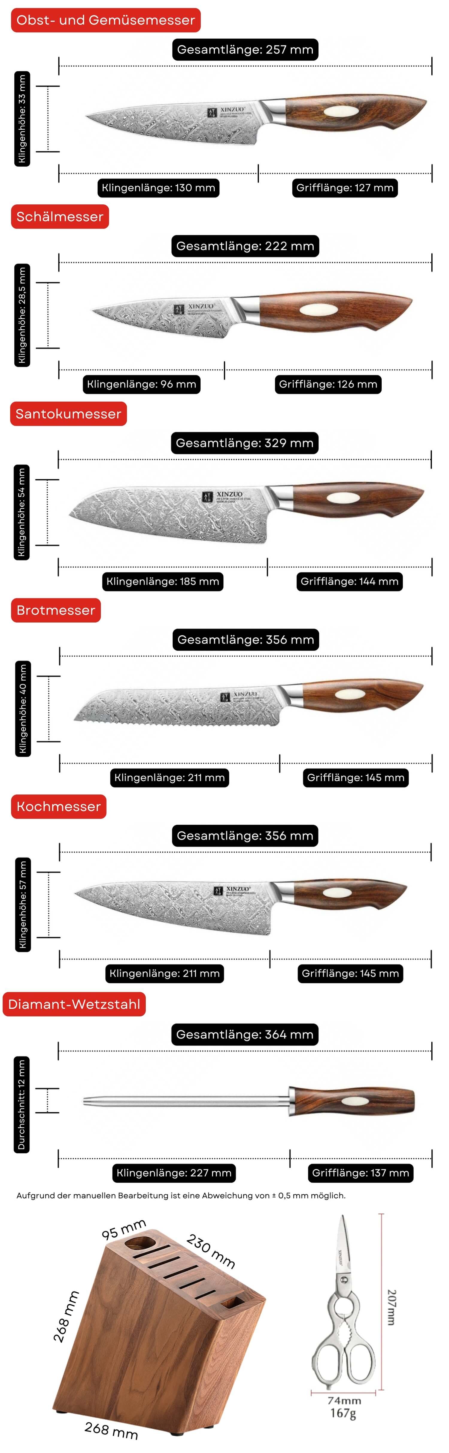 Messerset XinZuo B46D - Abmessungen