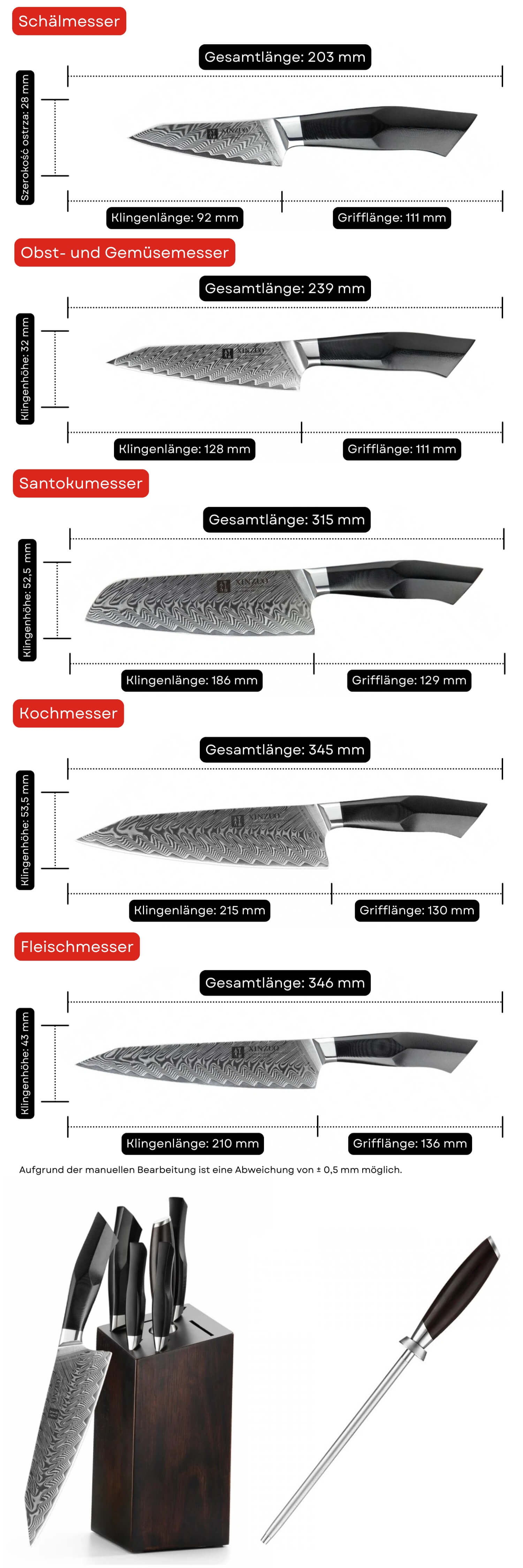 Messerset XinZuo Feng B32 - Abmessungen