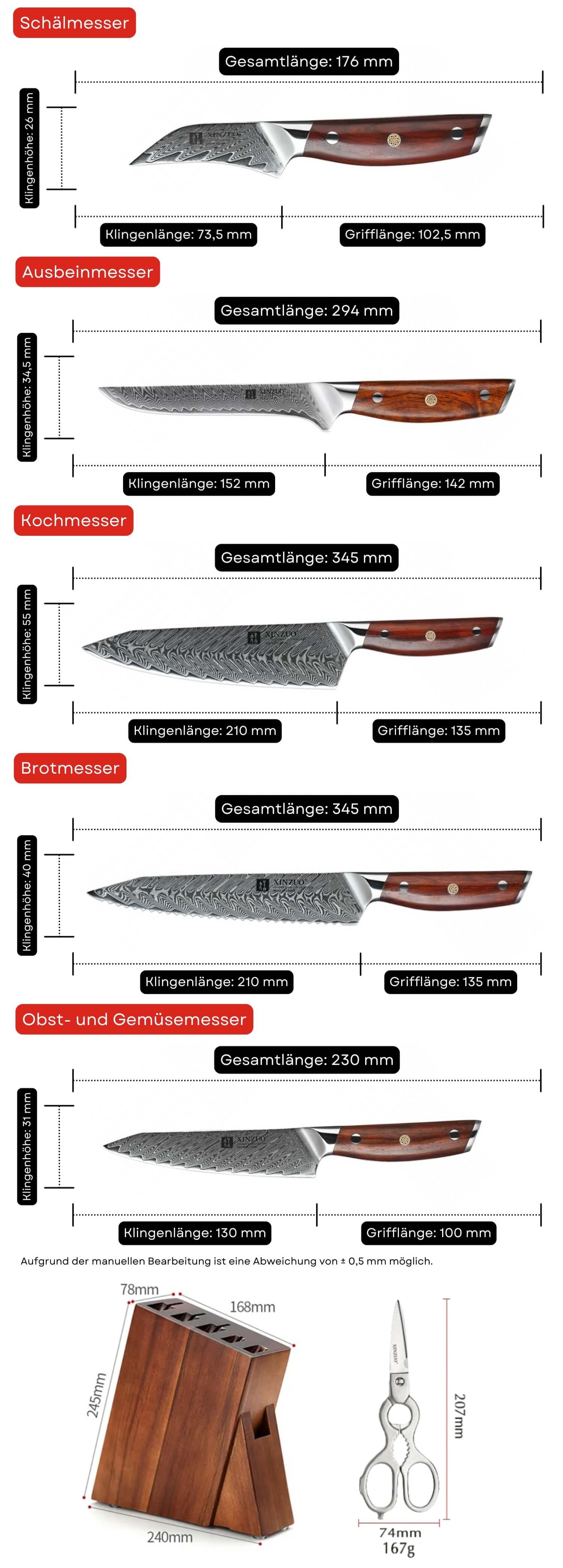 Messerset XinZuo Yi B27 - Abmessungen