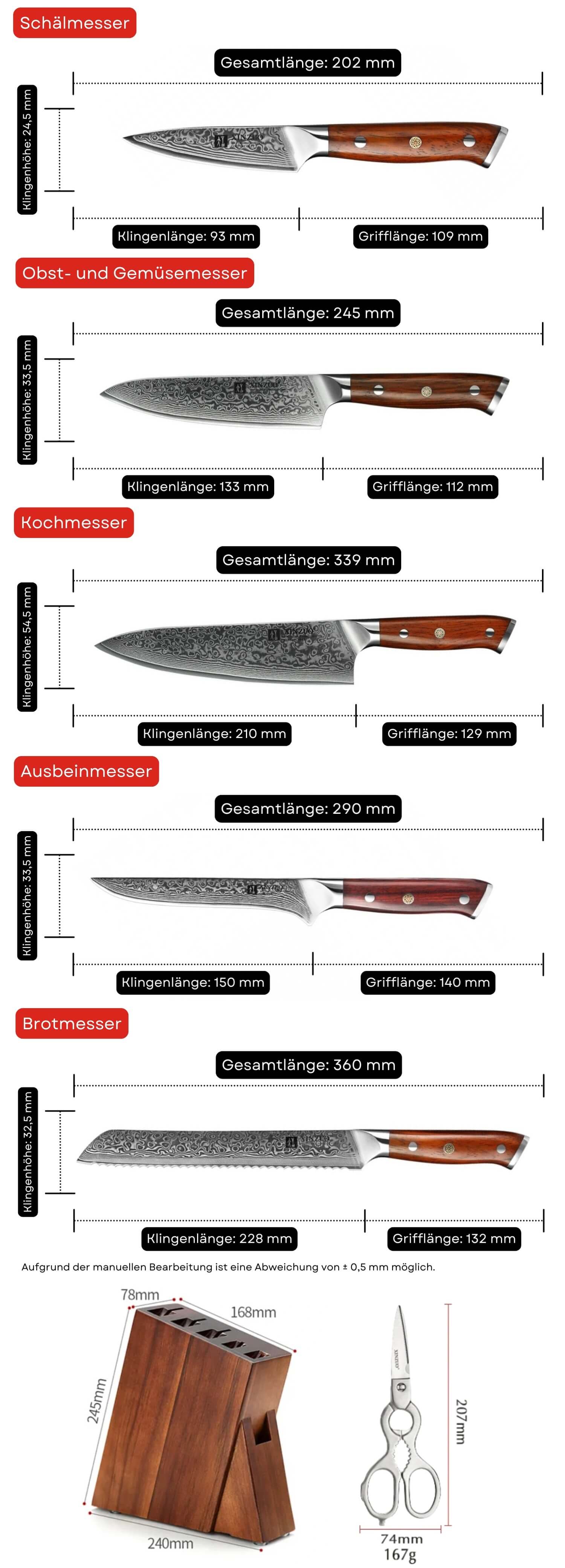 Messerset XinZuo Yu B13R - Abmessungen