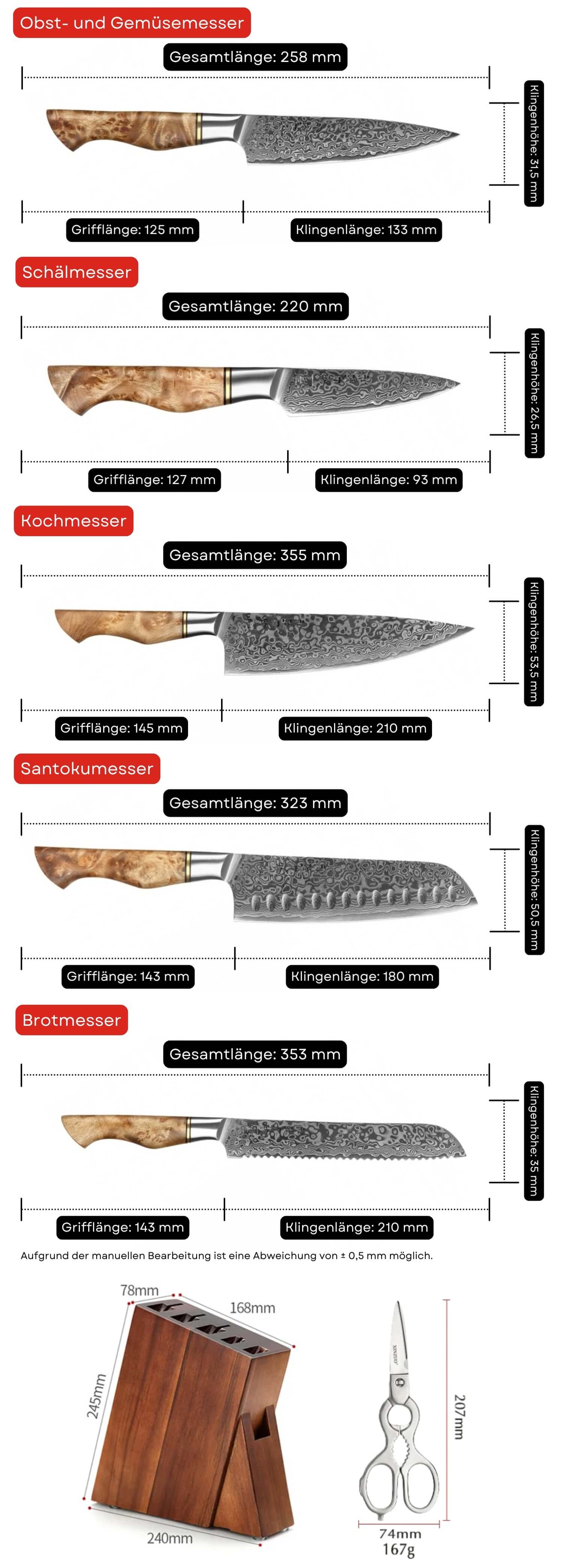Messerset HezHen B30 - Abmessungen