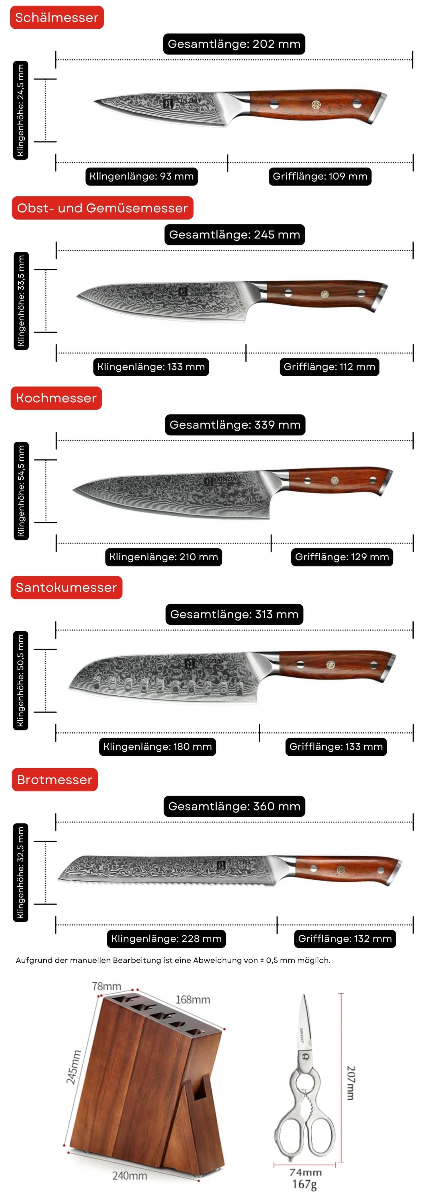 Messerset XinZuo Yu B13R - Abmessungen