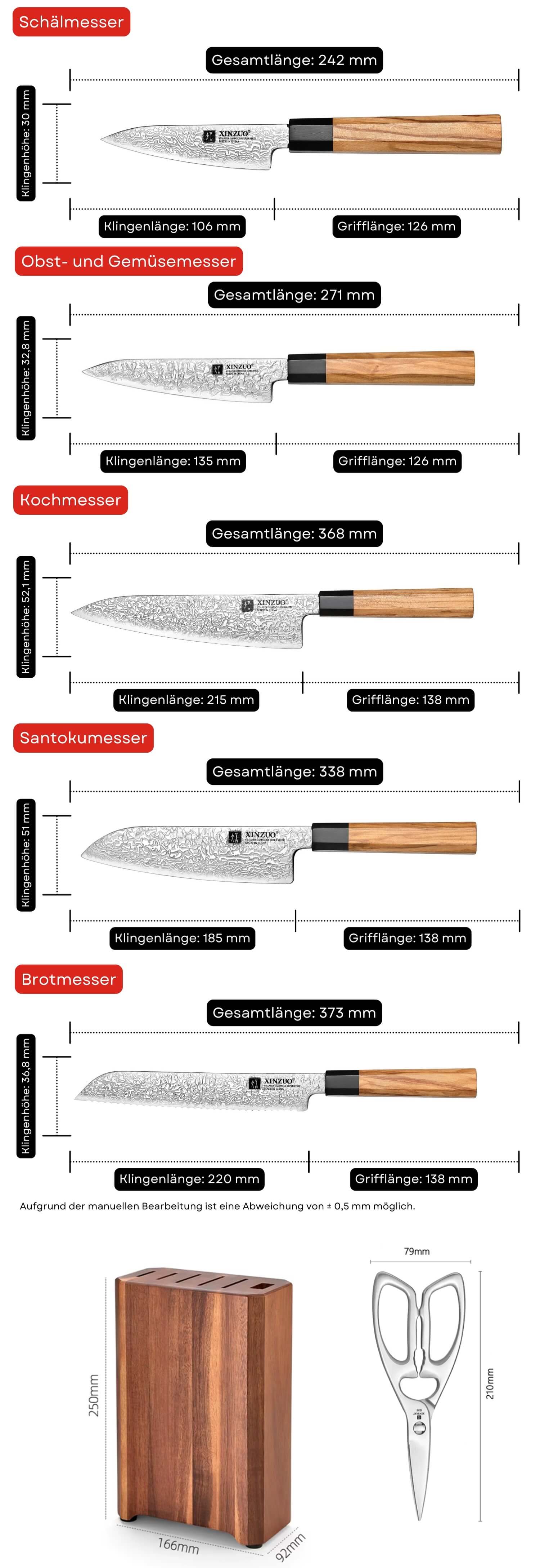 Messerset XinZuo Zhen PM8O - Abmessungen