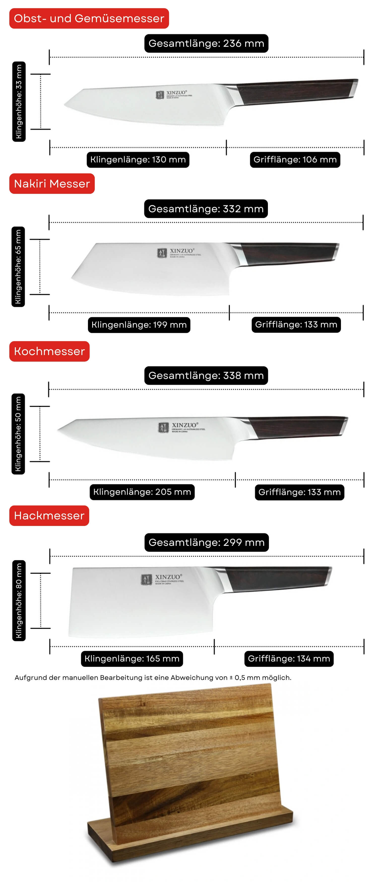 Messerset XinZuo Rui B5 mit Magnet-Messerblock - Abmessungen