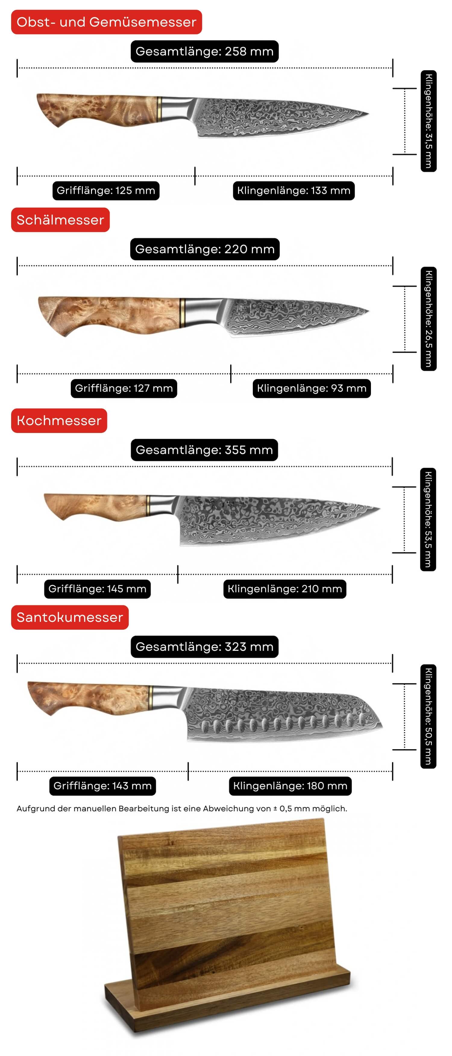 Messerset HezHen B30 Master - Abmessungen