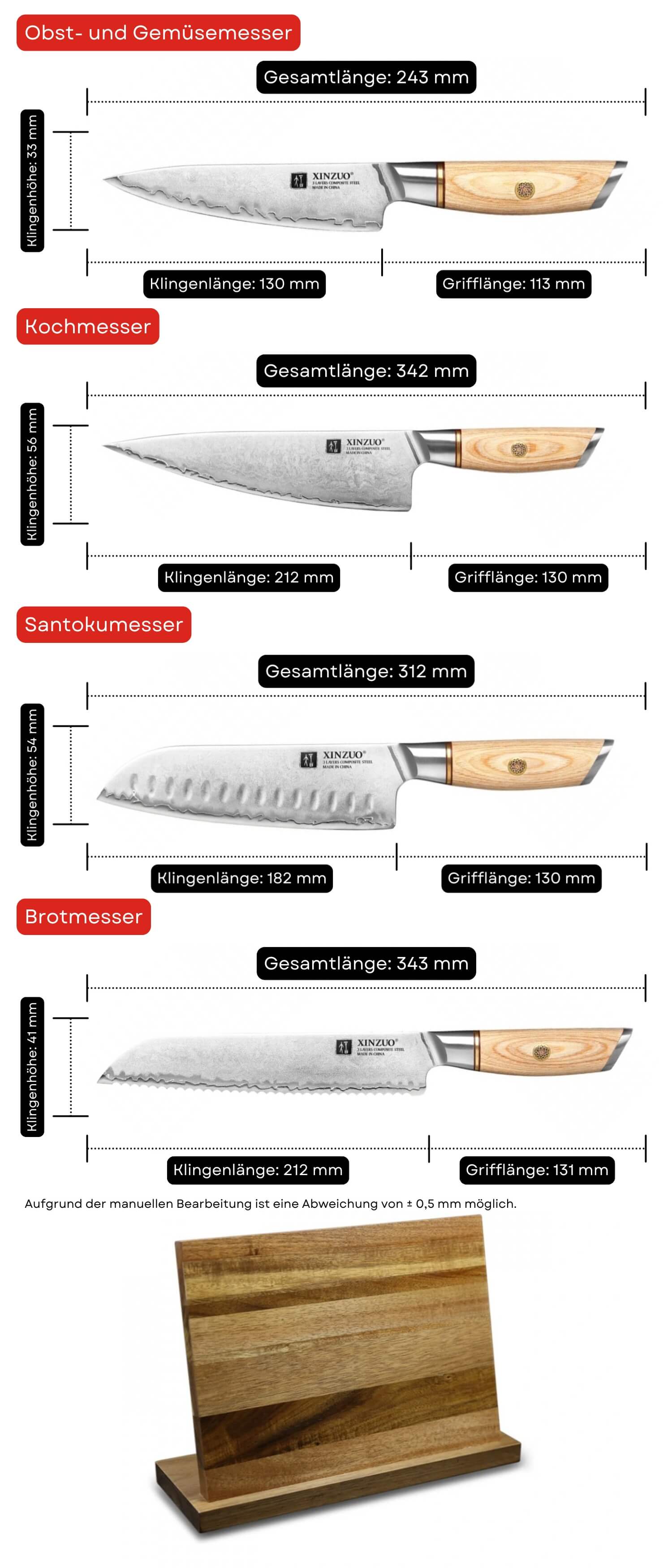 Messerset XinZuo Lan B37S - Abmessungen