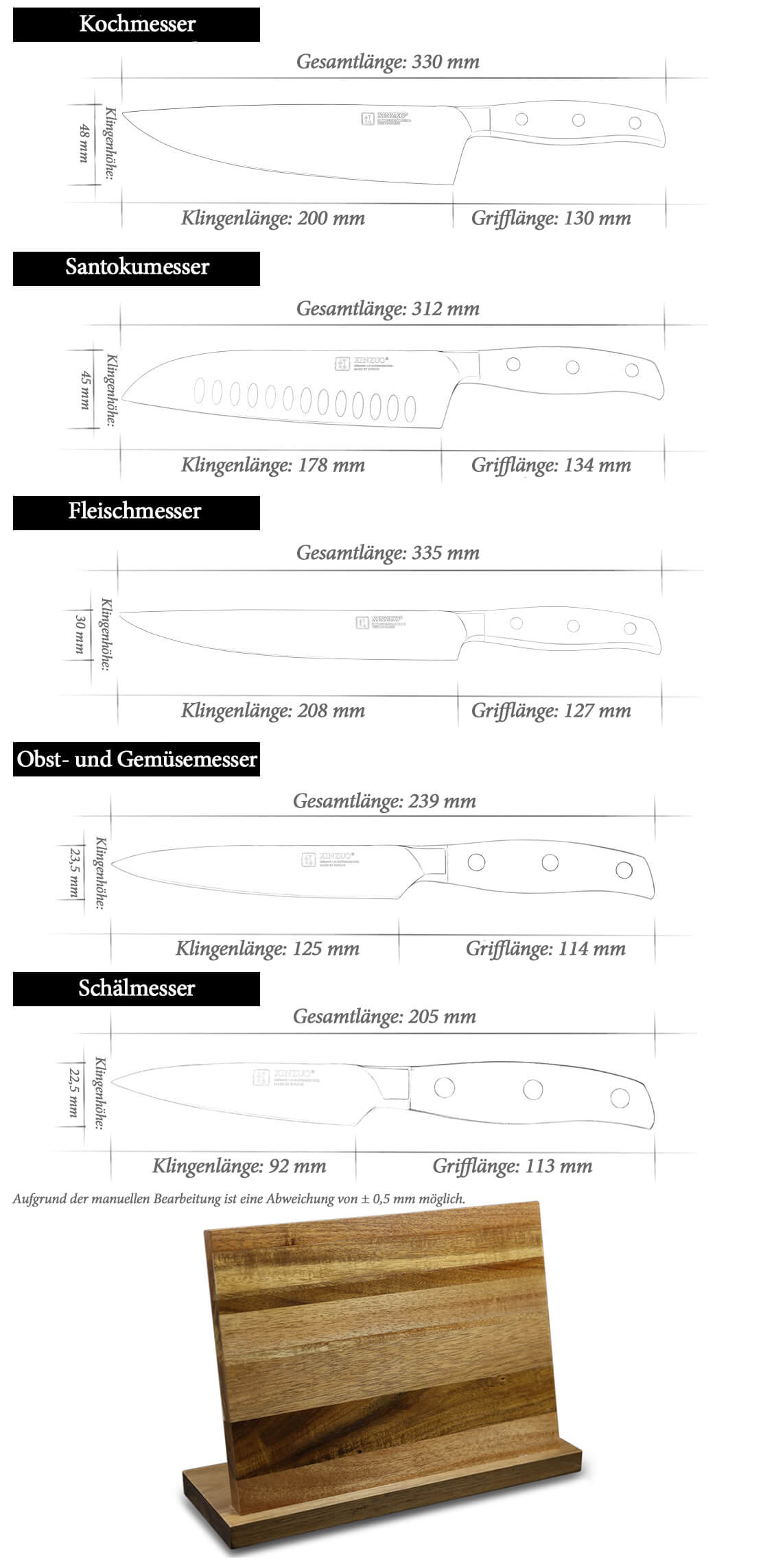 Messerset XinZuo Zhi B35 - Abmessungen