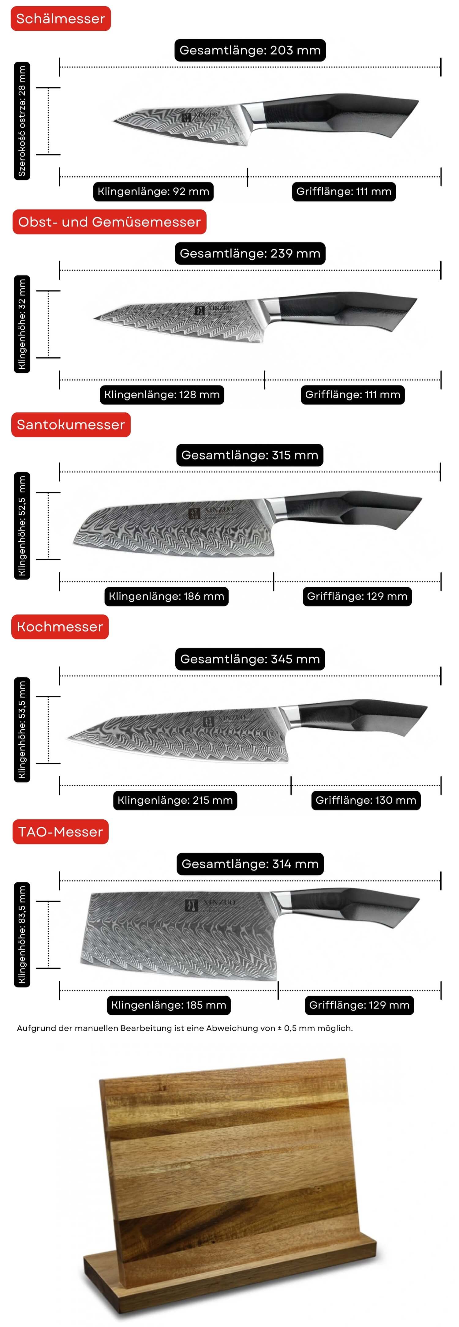 Messerset XinZuo Feng B32 - Abmessungen