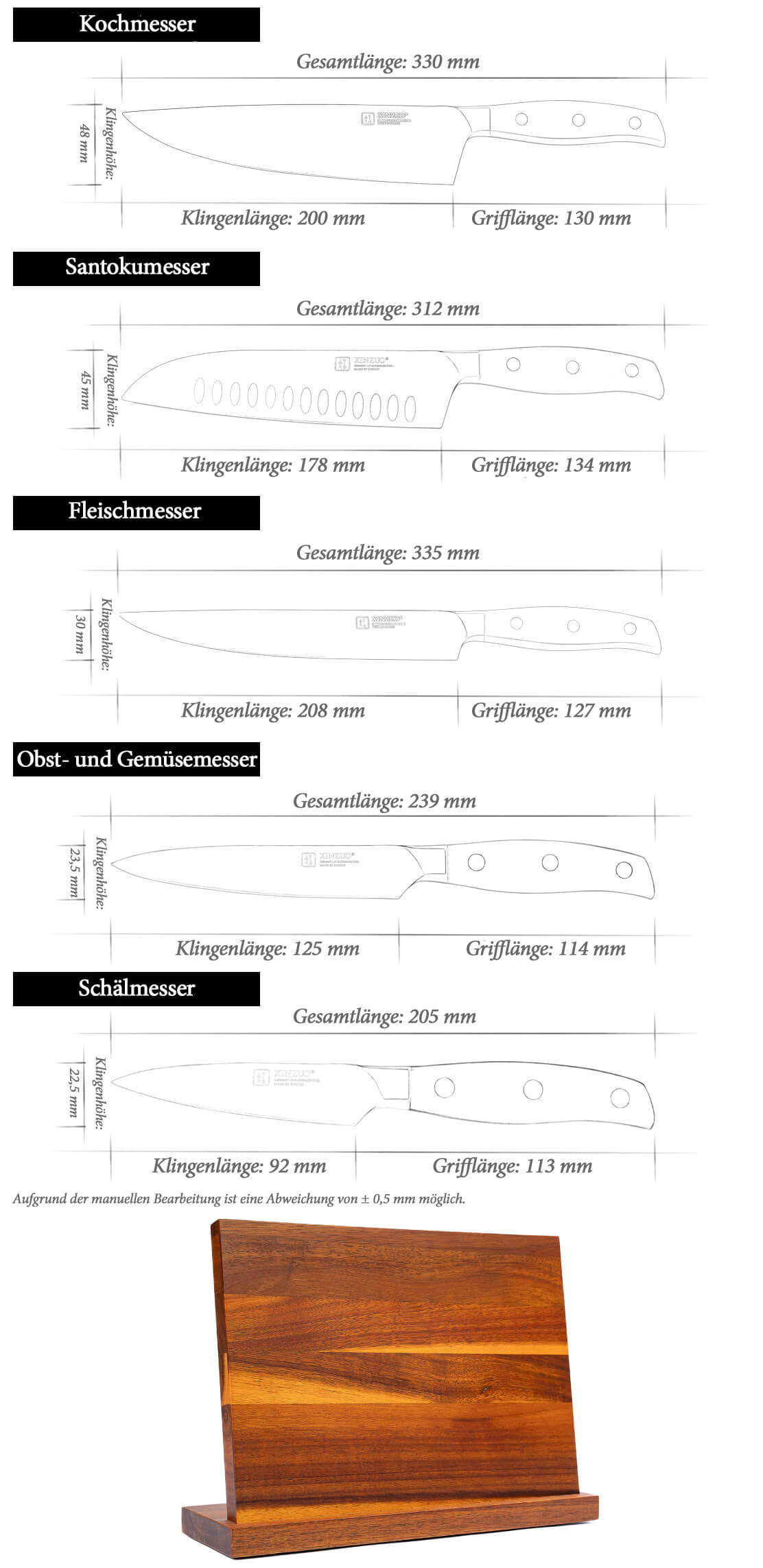 Messerset XinZuo Zhi B35 - Abmessungen