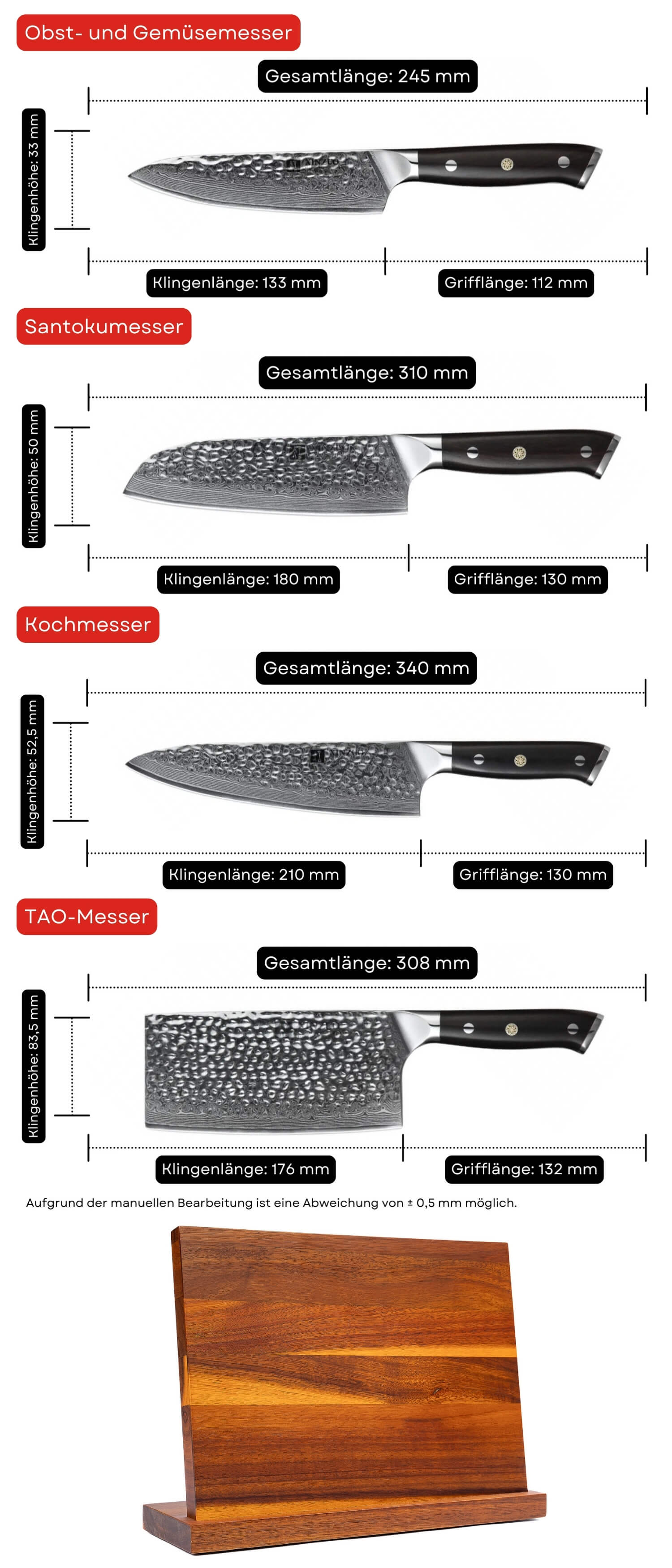 Messerset XinZuo Yu B13H - Abmessungen