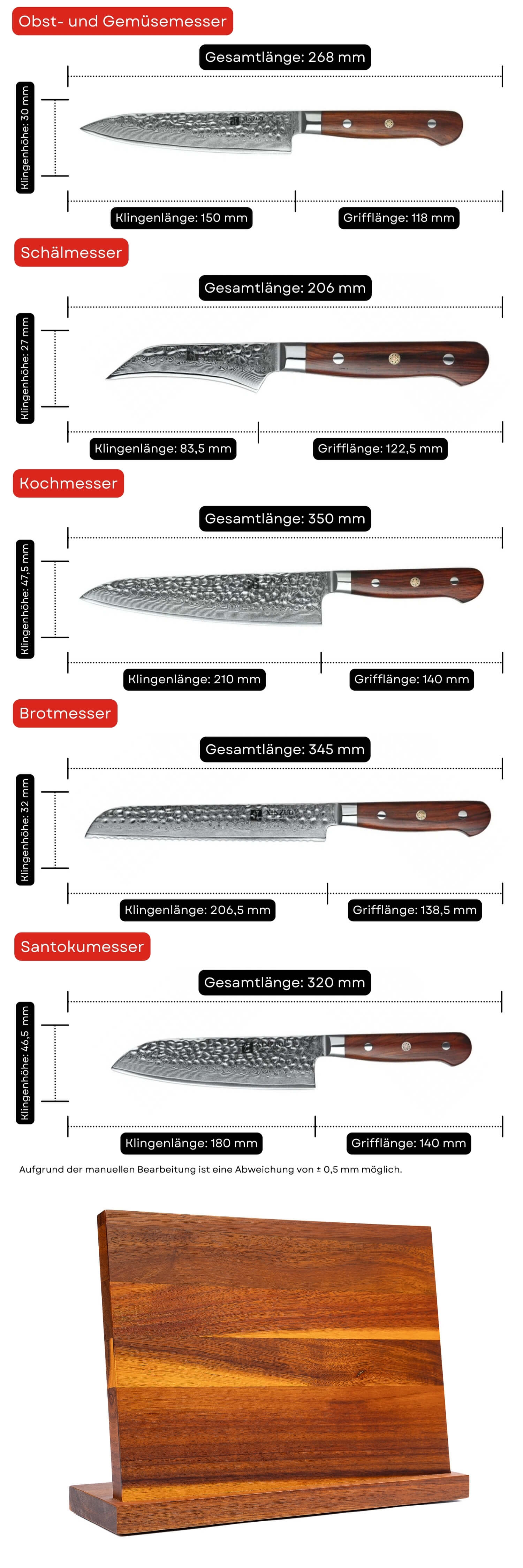 Messerset XinZuo Yun B9H - Abmessungen